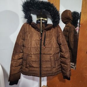 Nautica puffer faux fur winter jacket, brown with hood and thumb holes RN# 94468